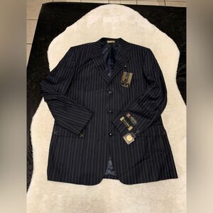 Pronto Mondo Italia Mens Navy Blue Striped Coat Blazer‎ 46L Merino Wool NWT
